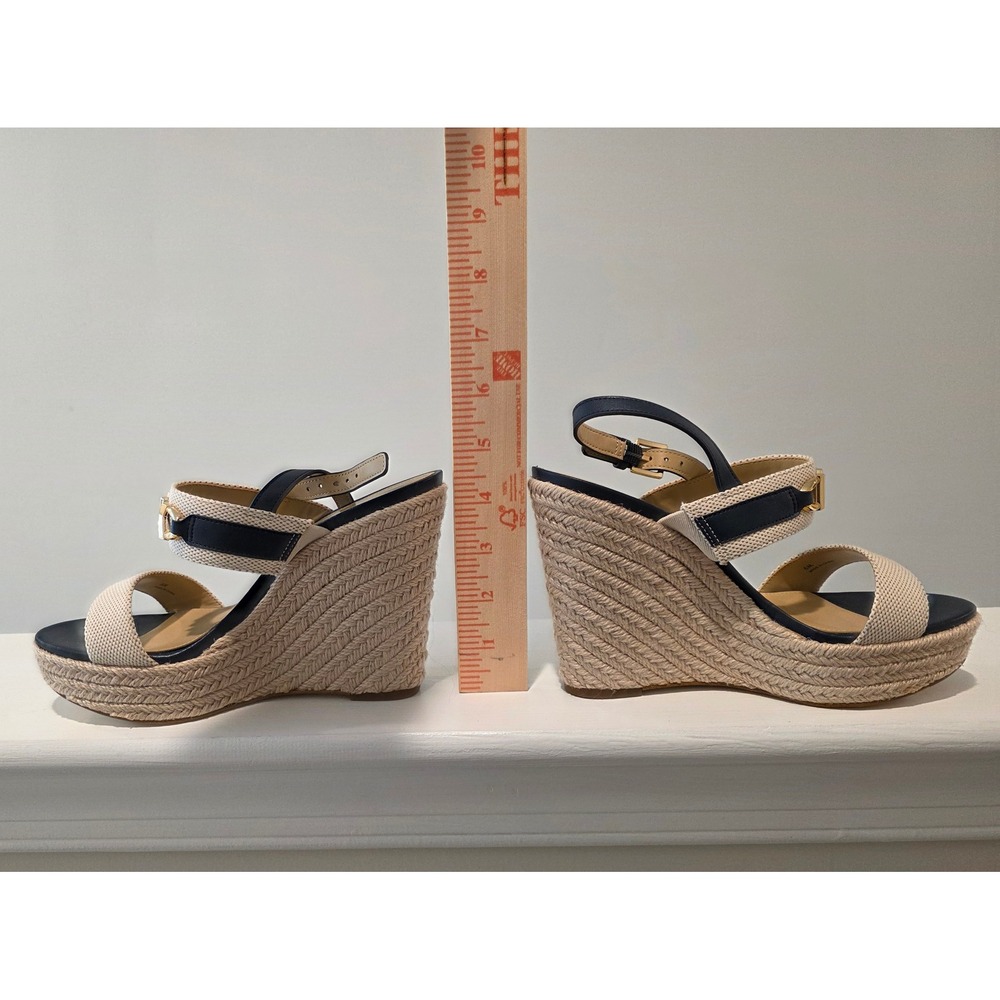 Women 6 M Michael Kors Reed Wedge Sandals Navy Natural Espadrille Platform Logo - Picture 2 of 11